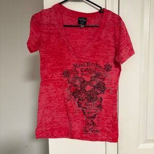 Hard Rock Cafe Honolulu Shirt Womens Large Burnout V Neck Graphic‎ Tee Pink